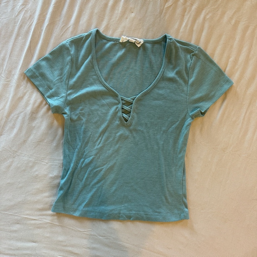 Hippie Rose Teal Ribbed V-Neck Lace-Up Crop Top
